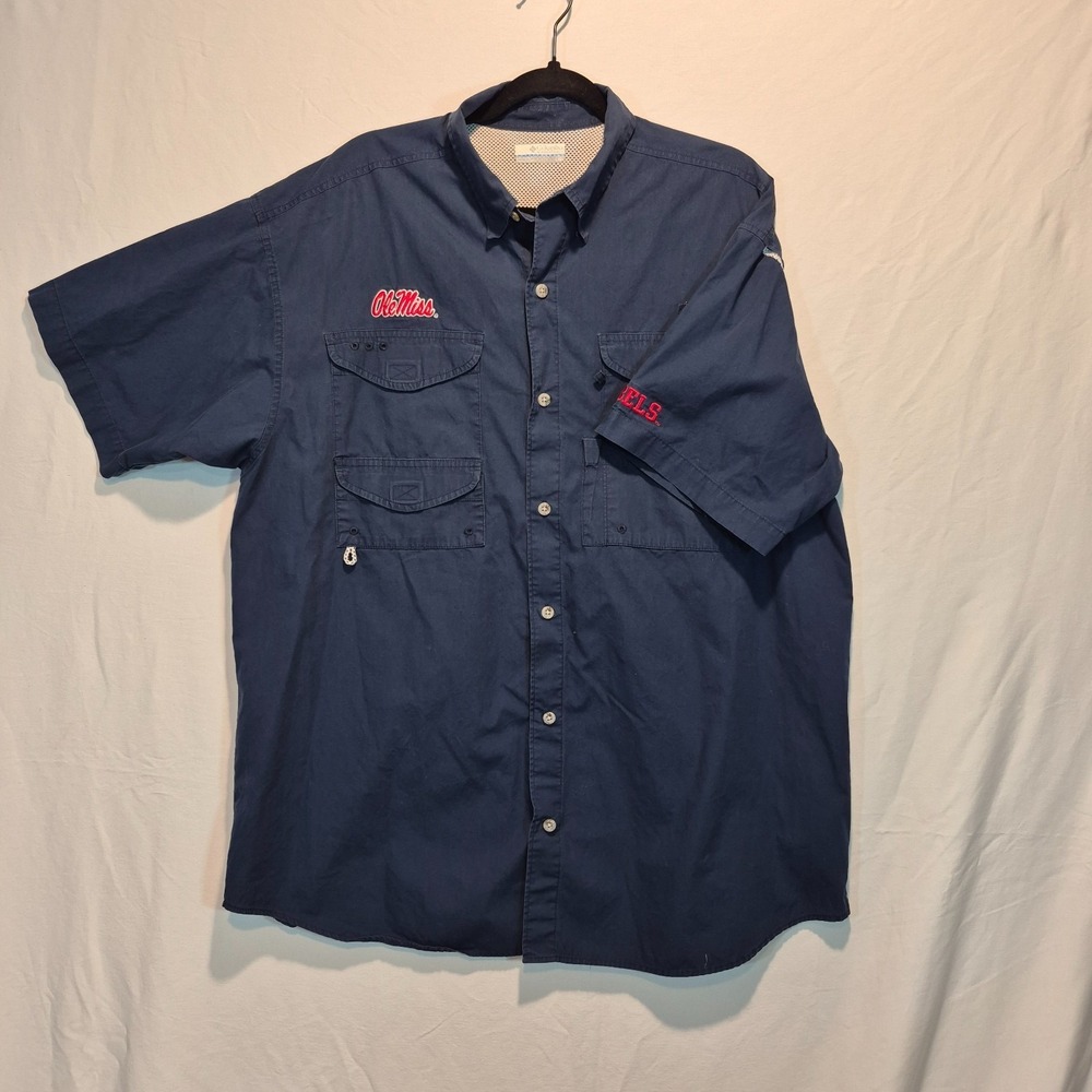 Columbia Mens Ole Miss PFG  Vented Shirt Lrg Performance Fishing Team Spirit
